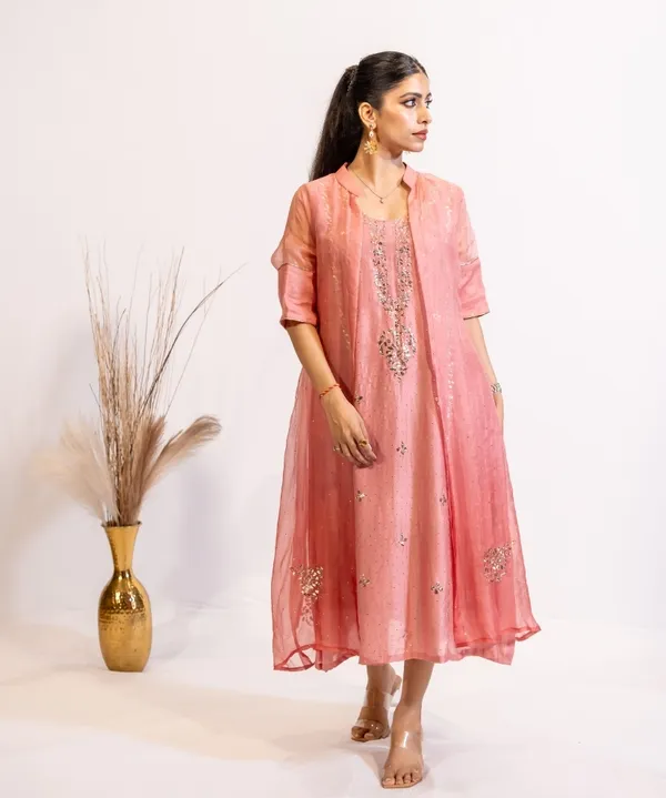 Blush_Pink_Chanderi_Kurta_With_Organza_Shrug_For_Women