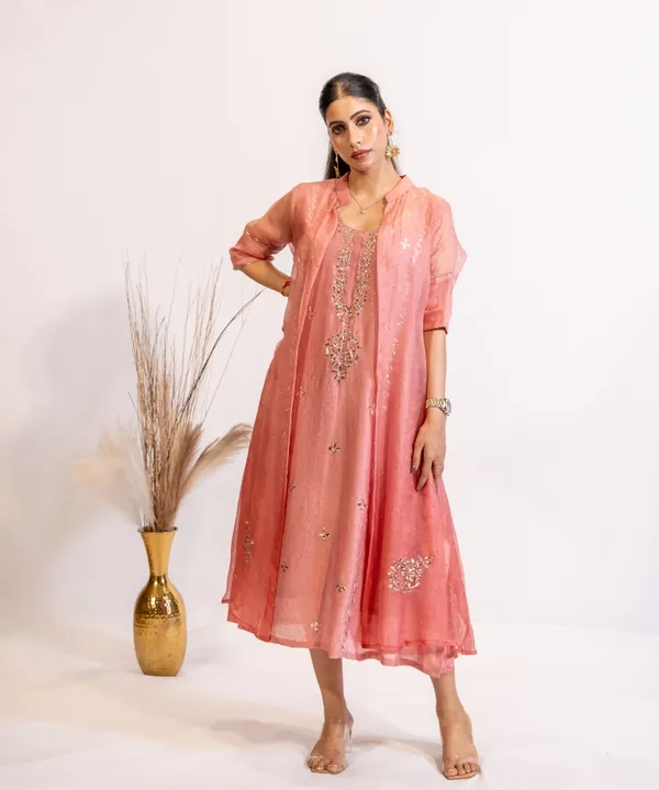 Blush_Pink_Chanderi_Kurta_With_Organza_Shrug_For_Women
