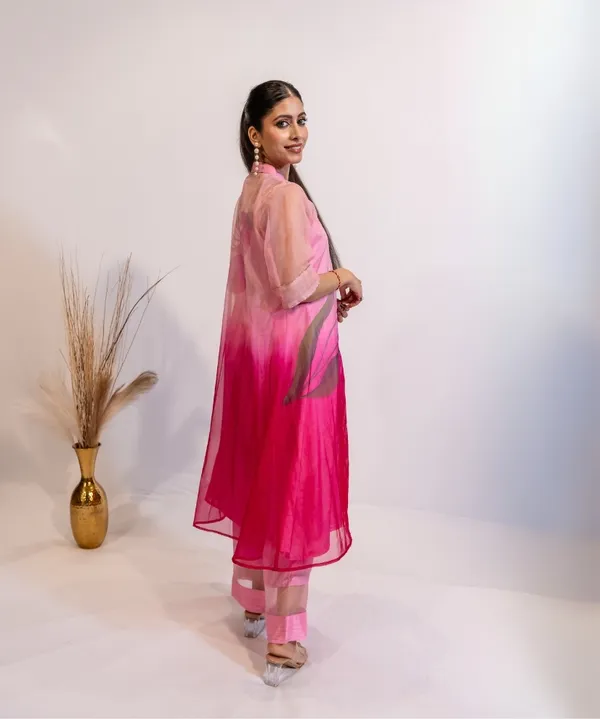 Blushing_Radiance_Hand_Painted_Fuschia_Pink_Organza_Kurta_Set_For_Women
