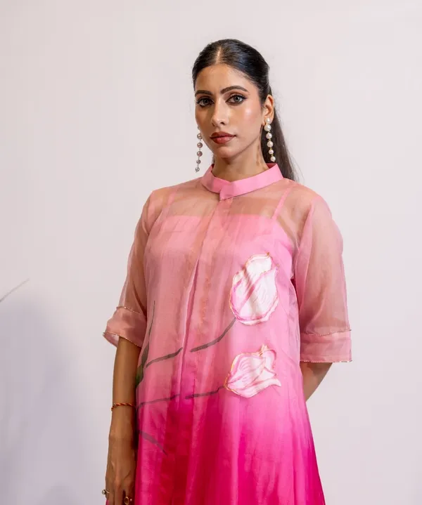 Blushing_Radiance_Hand_Painted_Fuschia_Pink_Organza_Kurta_Set_For_Women