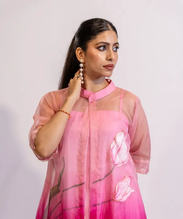 Blushing_Radiance_Hand_Painted_Fuschia_Pink_Organza_Kurta_Set_For_Women