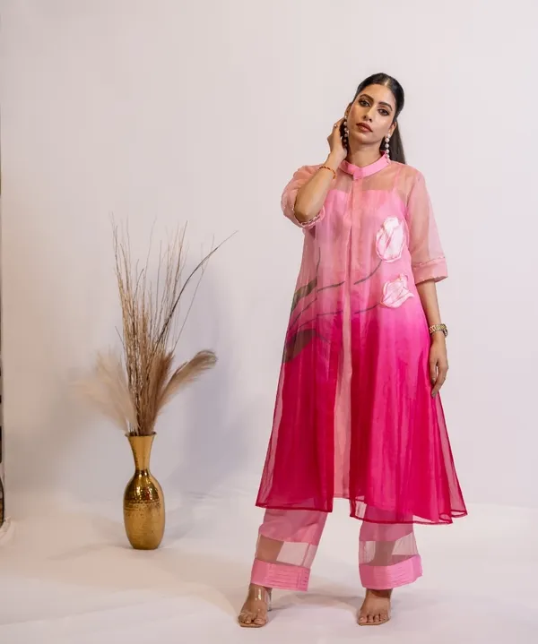 Blushing_Radiance_Hand_Painted_Fuschia_Pink_Organza_Kurta_Set_For_Women
