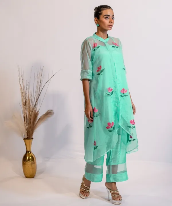 Pastel_Mint_Green_Hand-Painted_Organza_Kurta_Set_For_Women