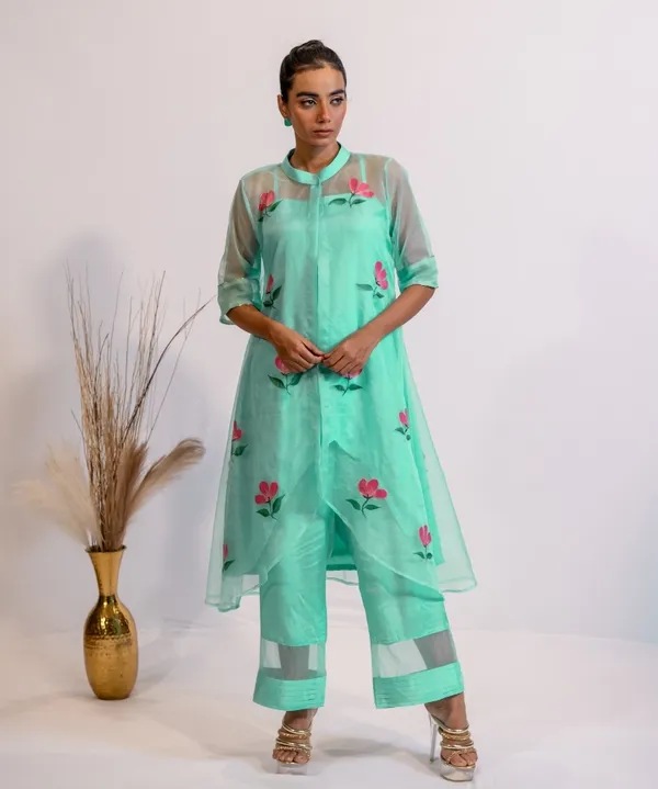 Pastel_Mint_Green_Hand-Painted_Organza_Kurta_Set_For_Women