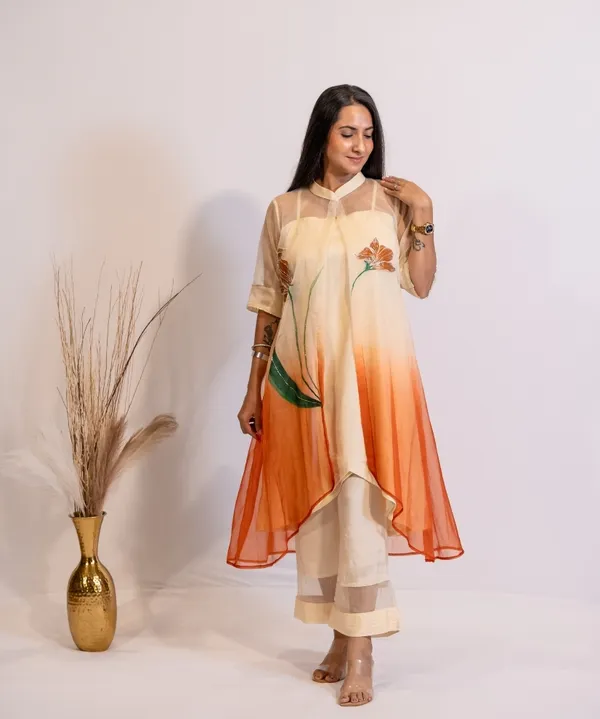 Rust_Horizon_Hand-Painted_Organza_Kurta_Set_For_Women
