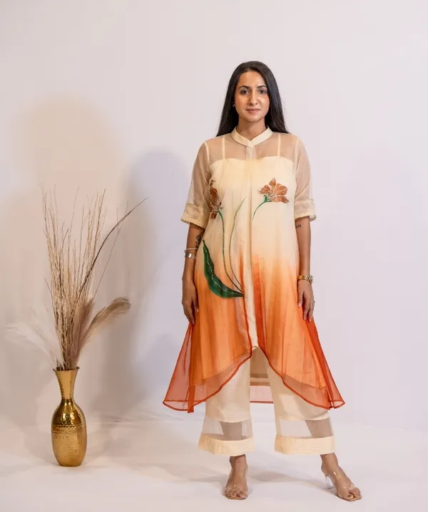 Rust_Horizon_Hand-Painted_Organza_Kurta_Set_For_Women