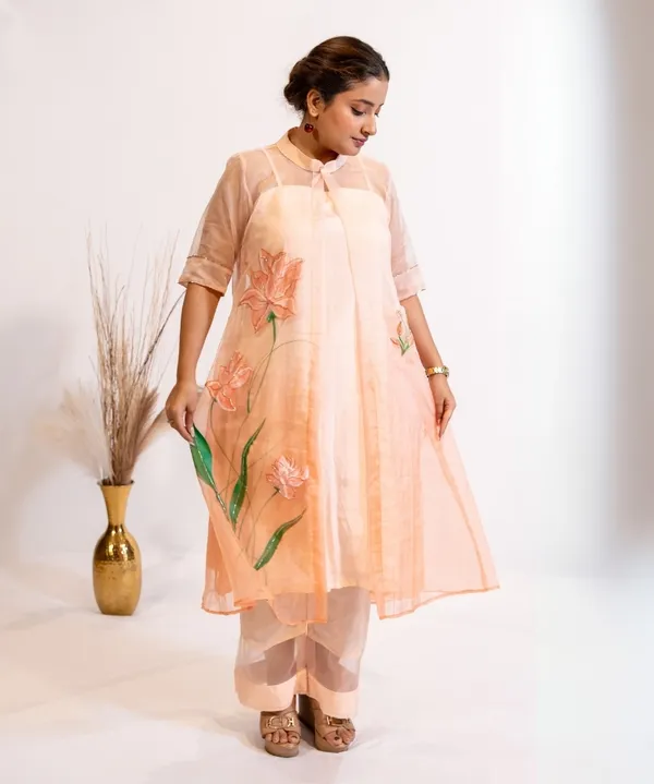 Peach_Coral_Ombre_Hand-Painted_Organza_Kurta_Set_For_Women