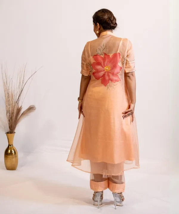Peach_Blossom_Hand-Painted_Organza_Kurta_Set_For_Women