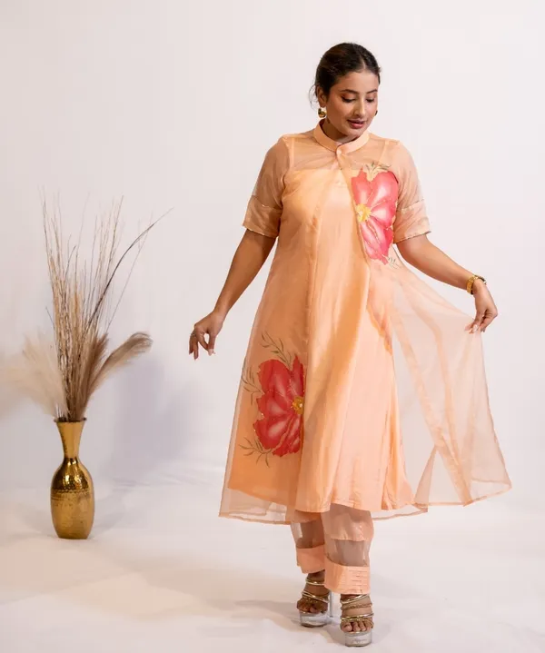 Peach_Blossom_Hand-Painted_Organza_Kurta_Set_For_Women