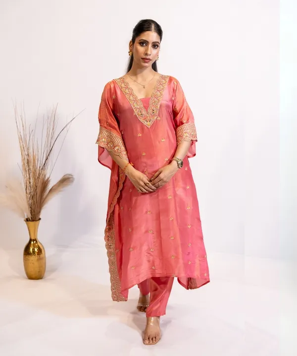 Coral_Pink_Tissue_Kaftan_Kurta_Set_For_Women