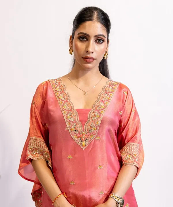 Coral_Pink_Tissue_Kaftan_Kurta_Set_For_Women