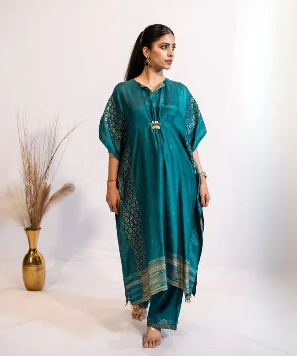 Teal_Blue_Kaftan_Kurta_Set_With_Gold_Accents_For_Women
