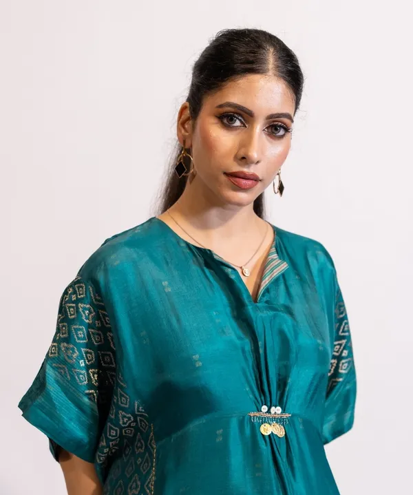 Teal_Blue_Kaftan_Kurta_Set_With_Gold_Accents_For_Women