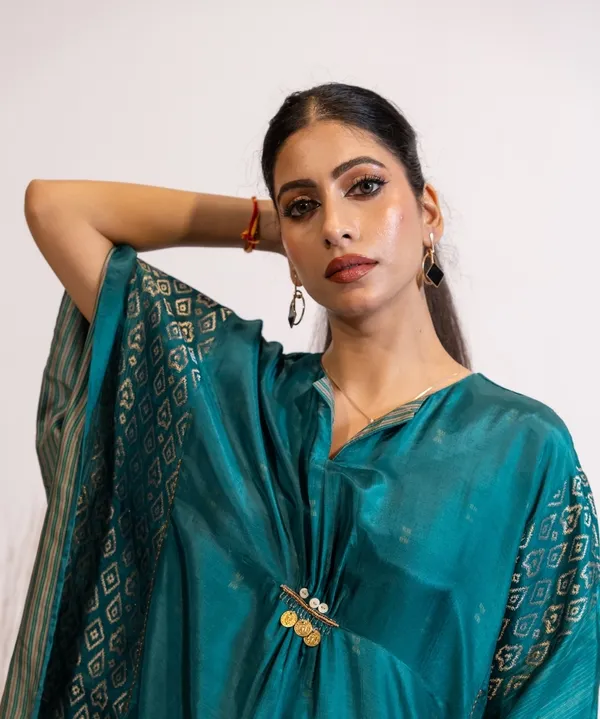 Teal_Blue_Kaftan_Kurta_Set_With_Gold_Accents_For_Women