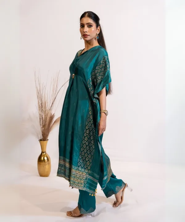 Teal_Blue_Kaftan_Kurta_Set_With_Gold_Accents_For_Women