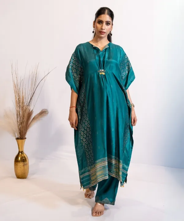Teal_Blue_Kaftan_Kurta_Set_With_Gold_Accents_For_Women