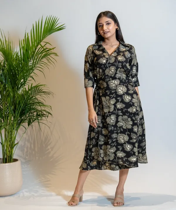 Charcoal_Black_&_Gold_Cotton_Wrap_Dress_For_Women