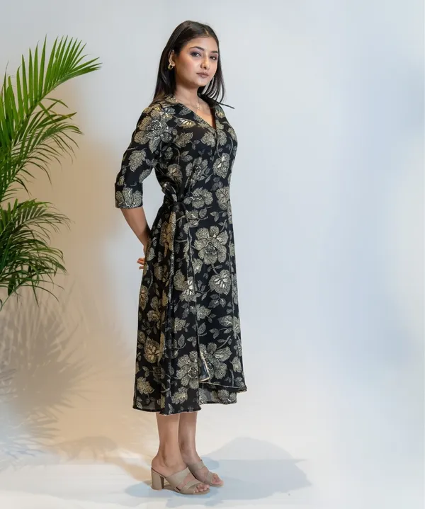 Charcoal_Black_&_Gold_Cotton_Wrap_Dress_For_Women