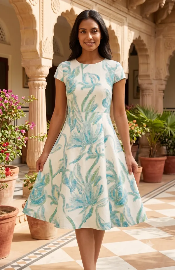 Turquoise_Breeze_Abstract_Floral_Fit-and-Flare_Midi_Dress