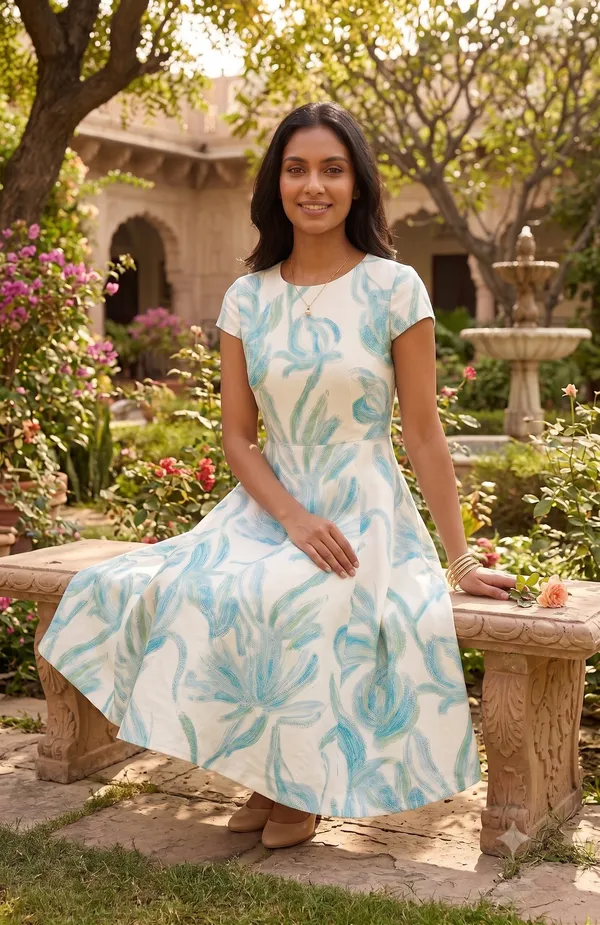 Turquoise_Breeze_Abstract_Floral_Fit-and-Flare_Midi_Dress