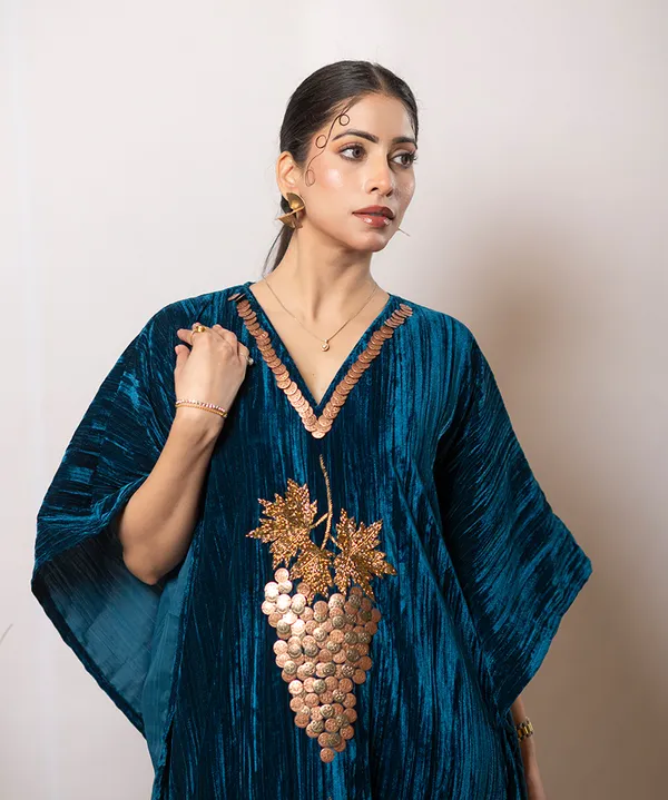 Teal_Blue_Handcrafted_Velvet_Kaftan_Dress
