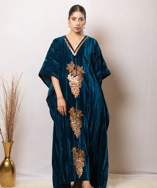 Teal_Blue_Handcrafted_Velvet_Kaftan_Dress
