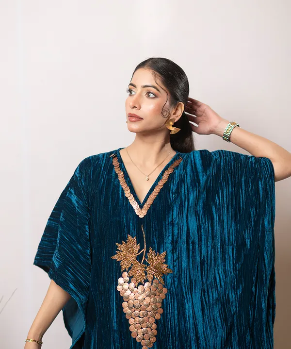 Teal_Blue_Handcrafted_Velvet_Kaftan_Dress