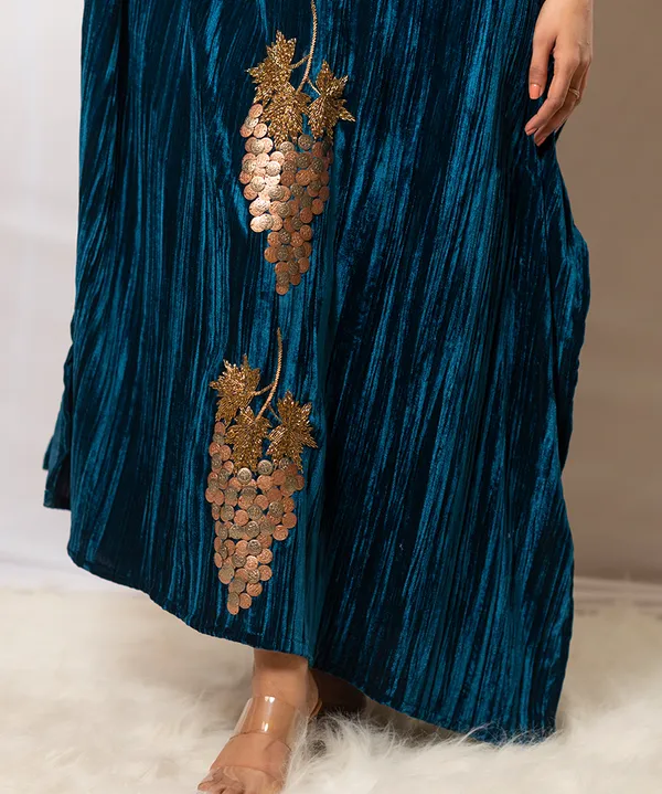 Teal_Blue_Handcrafted_Velvet_Kaftan_Dress