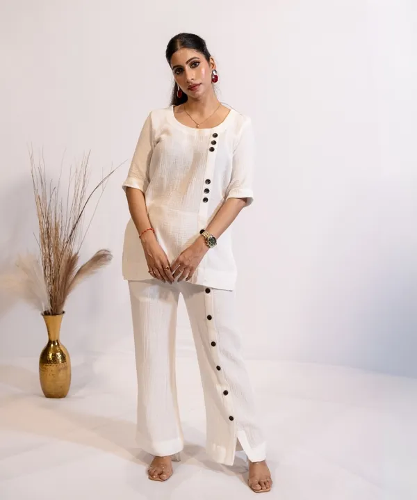 Ivory_Cotton_Co-Ord_Set_With_Wooden_Button_Detailing_For_Women
