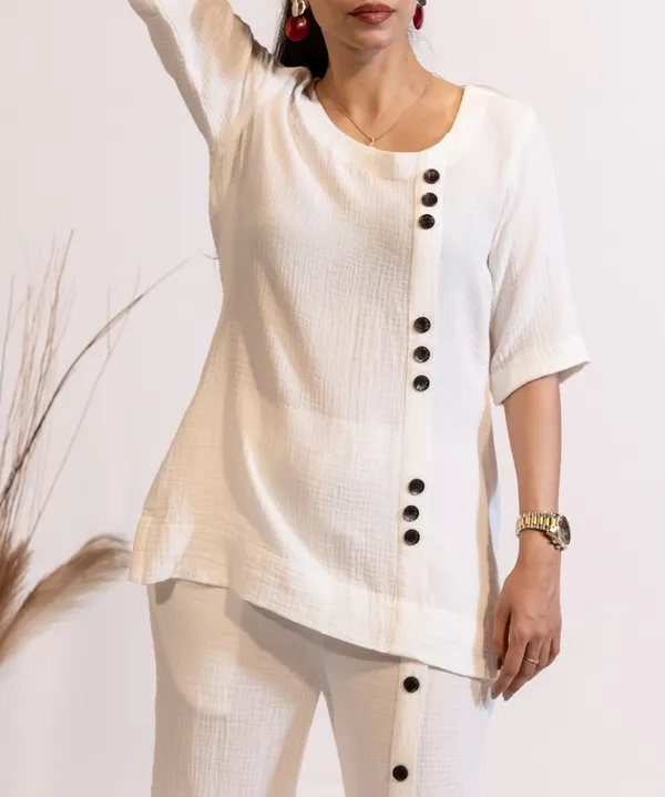Ivory_Cotton_Co-Ord_Set_With_Wooden_Button_Detailing_For_Women