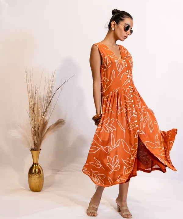 Rust_Abstract_Print_Cotton_Midi_Dress_For_Women