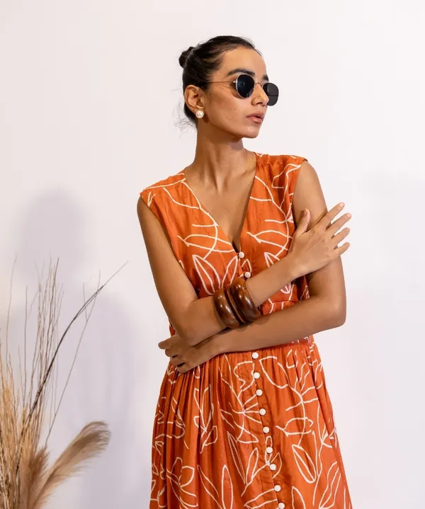 Rust_Abstract_Print_Cotton_Midi_Dress_For_Women
