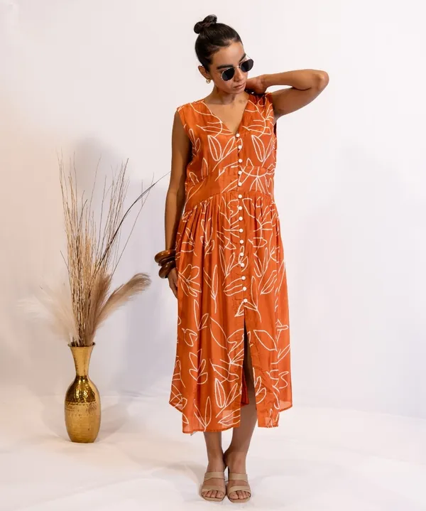 Rust_Abstract_Print_Cotton_Midi_Dress_For_Women