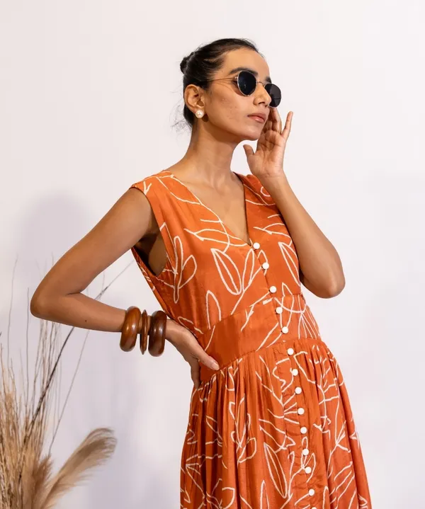 Rust_Abstract_Print_Cotton_Midi_Dress_For_Women