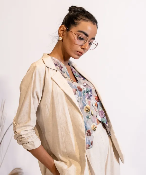 White_Linen_Blazer_&_Pant_Co-Ord_With_Printed_Cotton_Vest_For_Women