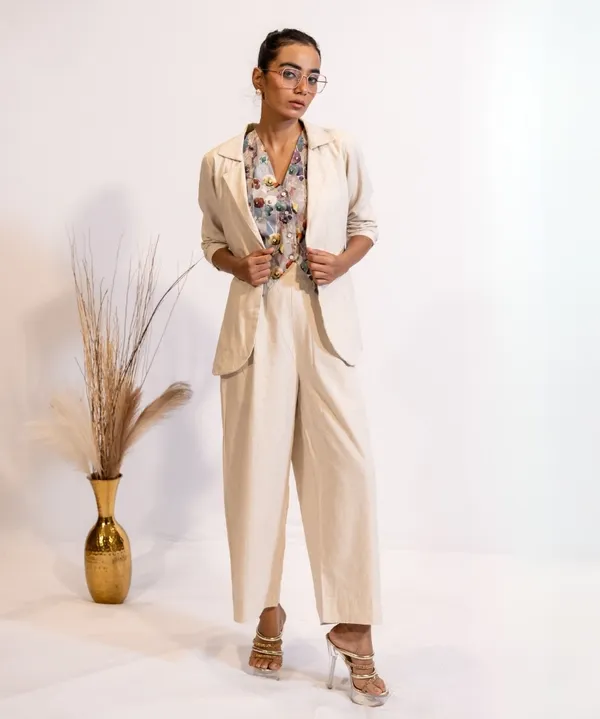 White_Linen_Blazer_&_Pant_Co-Ord_With_Printed_Cotton_Vest_For_Women