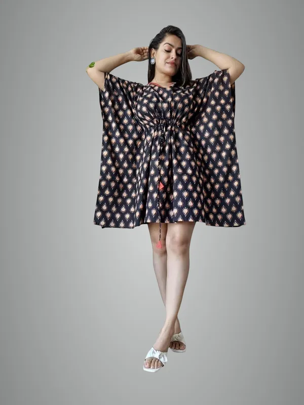 Craftwell Studio Black & Coral Printed Kaftan Beach Cover Up Dress, With  Pattern, Drawstring Waist, Tassel Details Price in India - Buy Craftwell  Studio Black & Coral Printed Kaftan Beach Cover Up