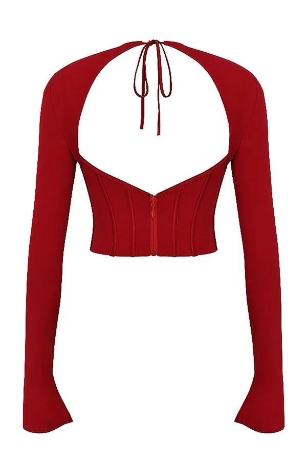 Parota_Red_Full_Sleeves_Backless_Top_With_Ruched_Midi_Skrit_Co-Ord_Set
