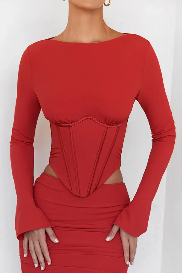 Parota_Red_Full_Sleeves_Backless_Top_With_Ruched_Midi_Skrit_Co-Ord_Set