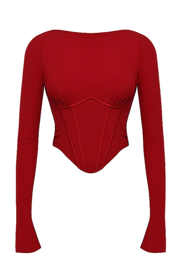 Parota_Red_Full_Sleeves_Backless_Top_With_Ruched_Midi_Skrit_Co-Ord_Set