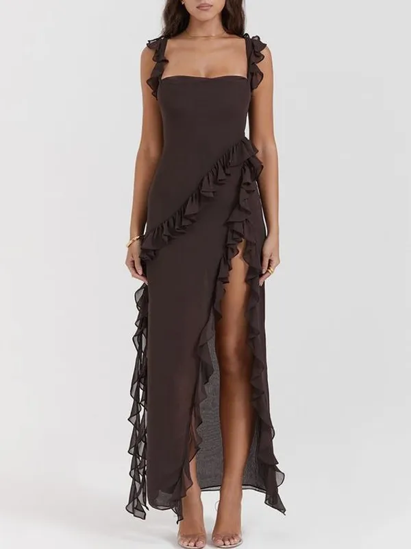 Black_Ruffle_Frill_High_Slit_Beach_Maxi_Dress