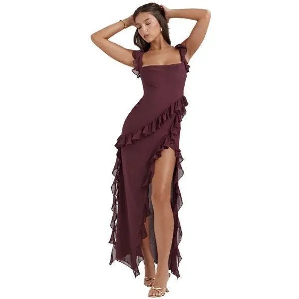 Black_Ruffle_Frill_High_Slit_Beach_Maxi_Dress