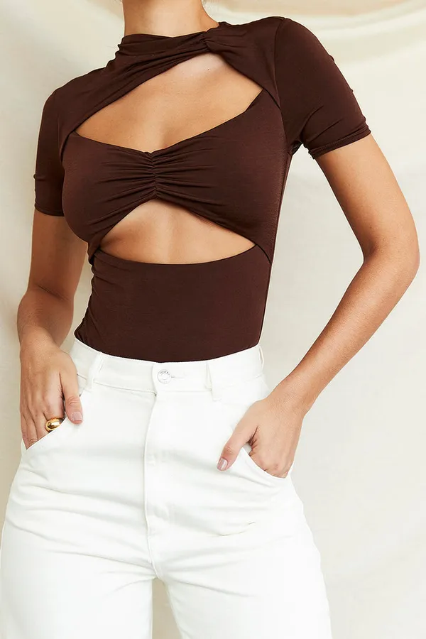 Brown_Hallow_Out_Cutout_Short_Sleeves_Bodysuit