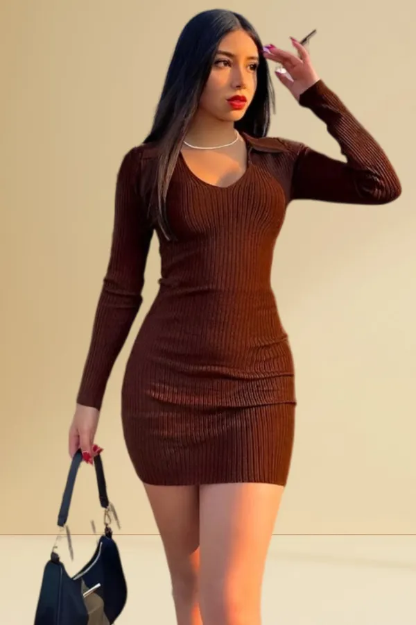 Brown_Ribbed_Full_Sleeves_Collar_T-Shirt_Dress