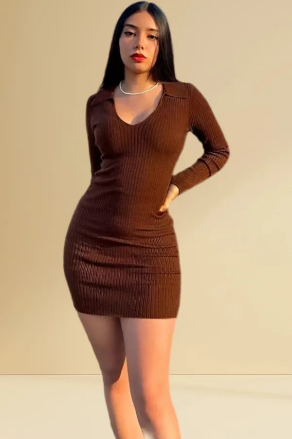Brown_Ribbed_Full_Sleeves_Collar_T-Shirt_Dress