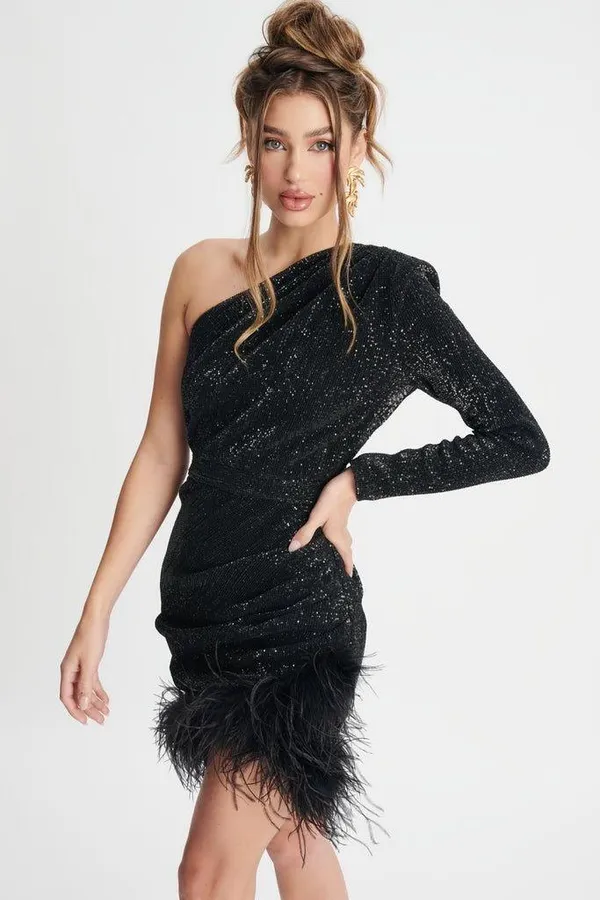 Black_One_Shoulder_Sequins_Feather_Fur_Dress