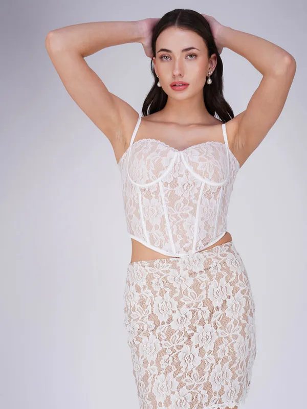White_Spaghetti_Strap_Corset_Top_&_Lace_Maxi_Skirt_Co-ord_Set
