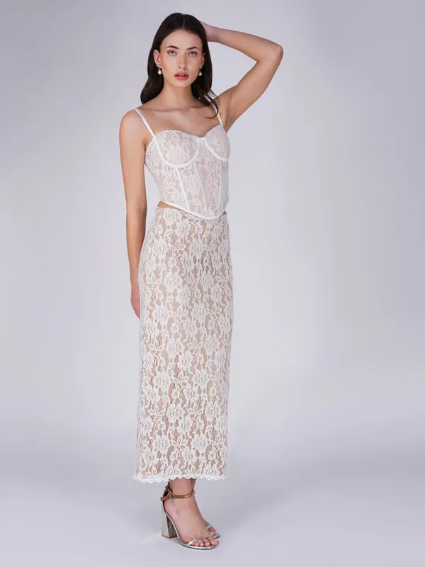 White_Spaghetti_Strap_Corset_Top_&_Lace_Maxi_Skirt_Co-ord_Set
