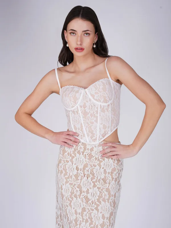 White_Spaghetti_Strap_Corset_Top_&_Lace_Maxi_Skirt_Co-ord_Set