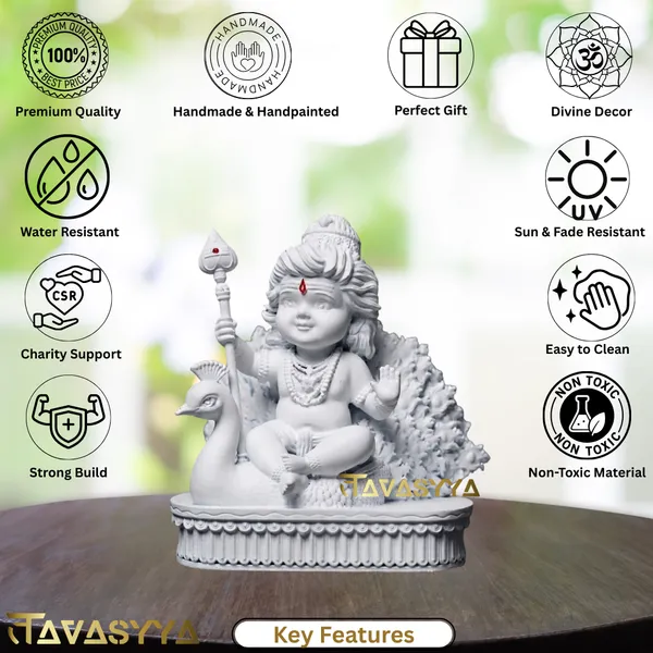 Tavasyya_Lord_Murugan_Idol_|_Bal_Kartikeya/Skanda/Subrahmanya_Swamy_Statue_with_Peacock_|_for_Mandir,_Car_Dashboard,_Home_Temple,_Office_Desk_&_Home_Decor_&_Spiritual_Gifting_(Matte_White)